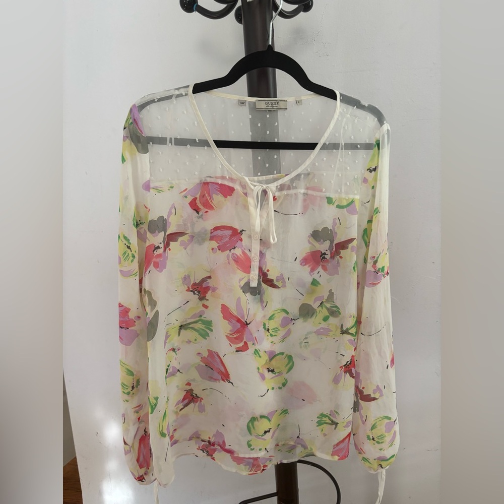 Guess Women's Sheer Floral Blouse - Pink and Green